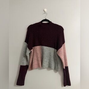 Colorblock cropped Women's Sweater - Burgundy, Gray, and Pink